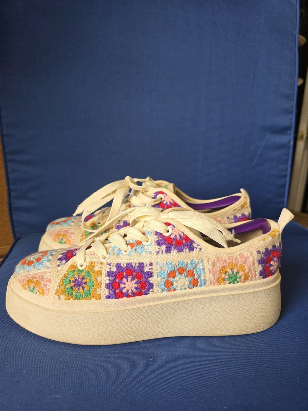 Boho Crochet Platform Sneakers Multicolor Granny Square Patchwork Sz 10